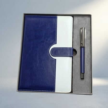 Şık Mavi Beyaz Defter Ve Metal Kalem Seti Hediye Kutusu