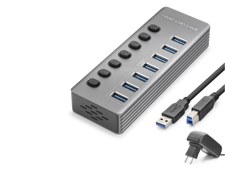 Anahtarlı 7 Portlu Usb 3.0 Hub Güç Adaptörlü Gri