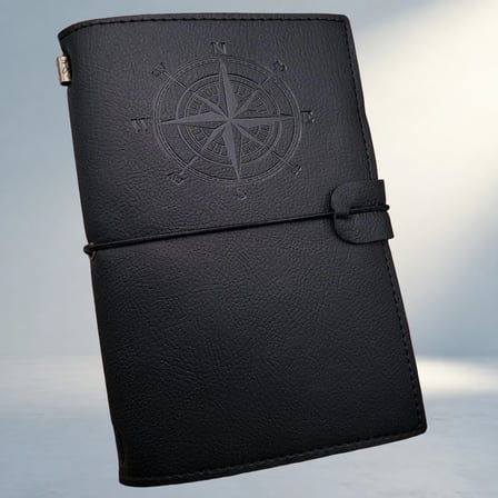 Ergonomik Pusula Baskılı Siyah Deri Defter