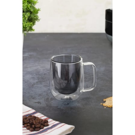 Ev Ve Ofis İçin 450 Ml Gri Cam Kupa Çift Cidarlı Isı Koruyucu Tasarım