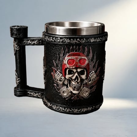 Motorcu Tasarımlı Metal Kupa Bardak - Kuru Kafa Deseni