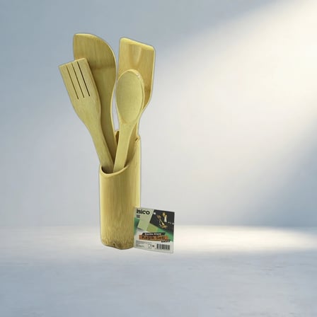 Pratik Ahşap Bambu Mutfak Seti Standlı Kaşık Ve Çatal Ile Spatula