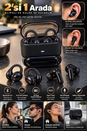 Şık Kablosuz Bluetooth Kulaklık 4'Lü Set Klipsli Ve In Ear
