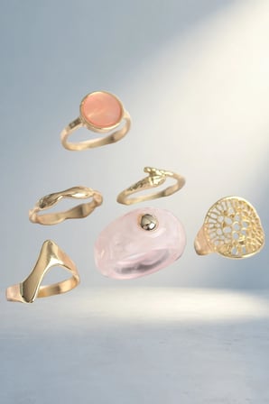 Şık Pembe Renkli Yüzük Seti Kadınlar Için Gold Detaylı