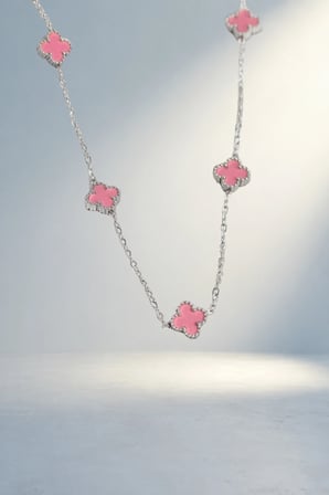 Şık Gümüş Renkli Zincir Kadın Kolye Pembe Yonca