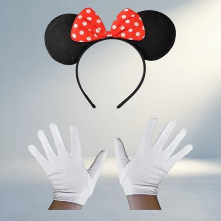 Minnie Mouse Temalı Kırmızı Fiyonklu Taç Ve Beyaz Eldiven Seti