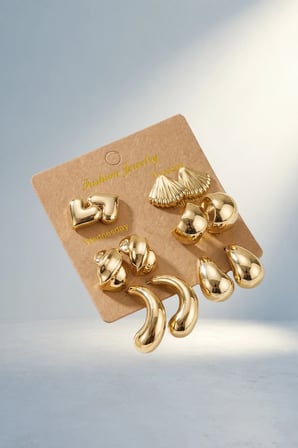Şık Gold Renk Çift Kadın Küpe Seti Metalik Kaplama