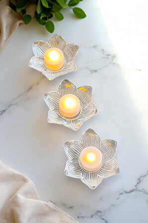 3lü Lotus Model Cam Mumluk İçinde Tealight Led Mum Seti
