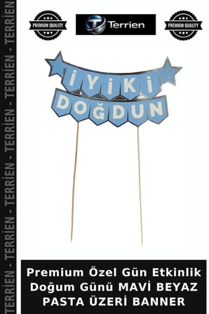 Premium Özel Gün Etkinlik Doğum Günü MAVİ BEYAZ PASTA ÜZERİ BANNER