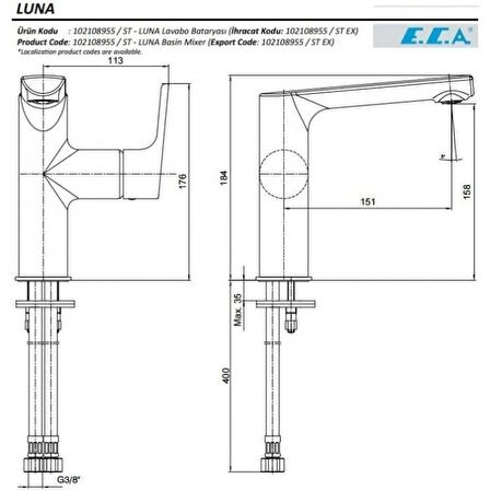 ECA LUNA YANDAN KOLLU LAVABO BATARYASI