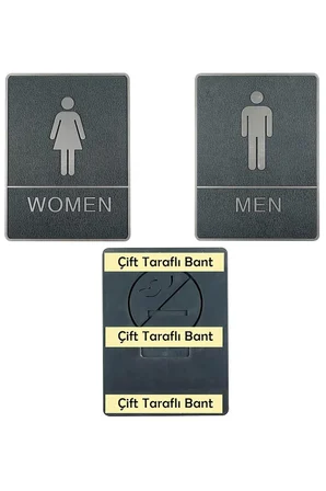 Kadın Erkek Wc Yönlendirme Levhası Seti - 15X20 cm Siyah Plastik Gümüş Kabartmalı & Braille Alfabeli Kendinden Yapışkanlı Tuvalet Tabela Seti