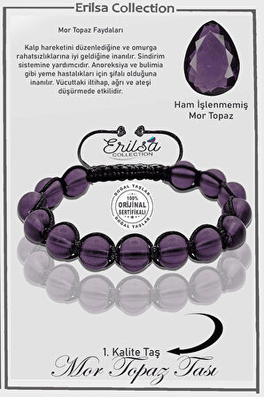 Sertifikalı AAA+ Ham İşlenmemiş Mor Topaz Taşı Bileklik - Ayarlamalı