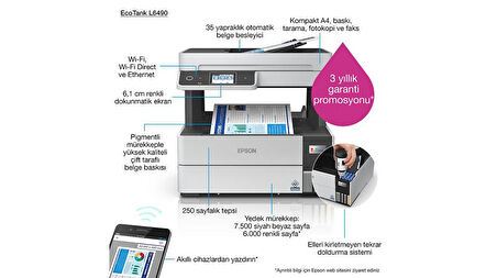 EPSON EcoTank L6490 Yazıcı Tarayıcı Fotokopi Faks Wi-F Direct Inkjet Tanklı 