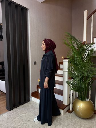 Tensel Doğal Pike Kumaş Mürdüm 3'lü Takım – Büyük Beden Uyumlu Etek Pantolon Tesettür Takımı