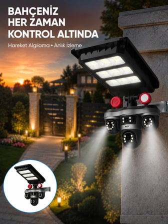 Güneş Enerjili 3 Lens Akıllı Güvenlik Kamerası LED Projektörlü Dış Mekan Koruma Sistemi