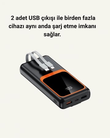 Taşınabilir Şarj Cihazı  mAh | .W Hızlı Şarj + Dijital Ekran + Kablo Dahil