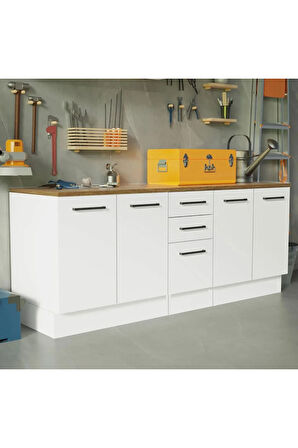 Vant Mutfak 4 Kapaklı-3 Çekmeceli Alt Modül -200 cm - Çok Amaçlı Dolap -Beyaz-Tezgah Dahil