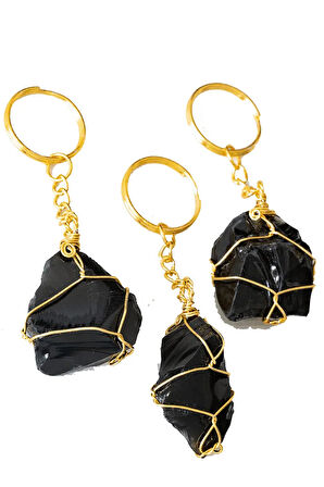 Sertifikalı Gold Siyah Obsidyen Taşı Anahtarlık - Tel Sargılı