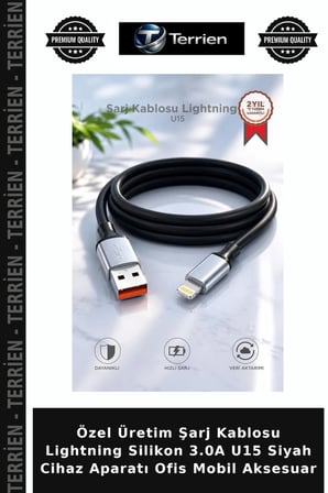 Özel Üretim Şarj Kablosu Lightning Silikon 3.0A U15 Siyah Cihaz Aparatı Ofis Mobil Aksesuar