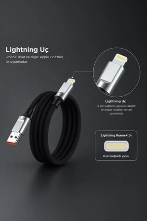 Özel Üretim Şarj Kablosu Lightning Silikon 3.0A U15 Siyah Cihaz Aparatı Ofis Mobil Aksesuar