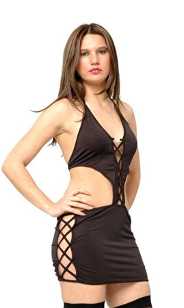 B091283 Çapraz Biyeli Ve Taşlı Mini Elbise