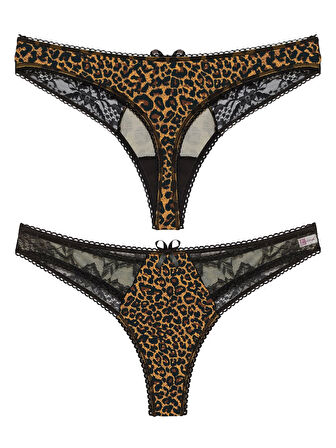 Leopar Desenli Dantelli Fantezi G String Külot