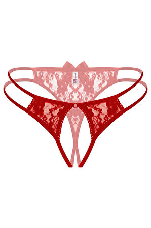 Kırmızı Dantelli Önü Açık Fantezi Külot