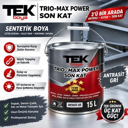 Trio-Max Power 3'ü Bir Arada Sentetik Çatı Sacı Boyası ANTRASİT (Antipas-Astar-Son Kat) 15 Litre