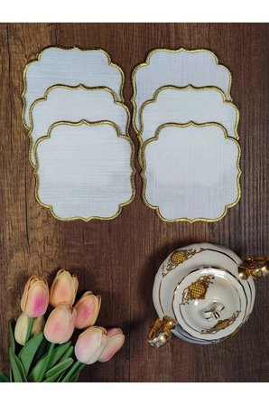 GOLD Nakışlı Beyaz Kumaş İşlemeye Uygun Linen Keten Etamin Kumaş Kahve Yanı Kokteyl Sunum Peçete 6lı