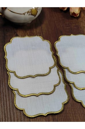 GOLD Nakışlı Beyaz Kumaş İşlemeye Uygun Linen Keten Etamin Kumaş Kahve Yanı Kokteyl Sunum Peçete 6lı