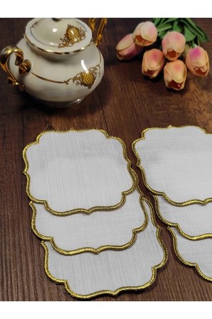 GOLD Nakışlı Beyaz Kumaş İşlemeye Uygun Linen Keten Etamin Kumaş Kahve Yanı Kokteyl Sunum Peçete 6lı