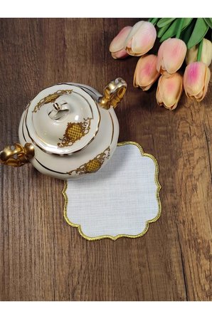 GOLD Nakışlı Beyaz Kumaş İşlemeye Uygun Linen Keten Etamin Kumaş Kahve Yanı Kokteyl Sunum Peçete 6lı