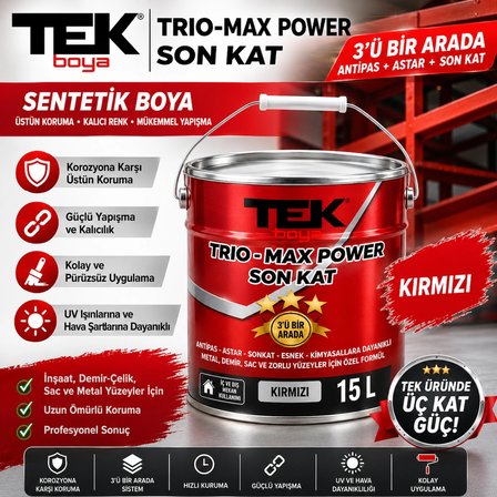 Trio-Max Power 3'ü Bir Arada Sentetik Çatı Sacı Boyası KIRMIZI (Antipas-Astar-Son Kat) 15 Litre