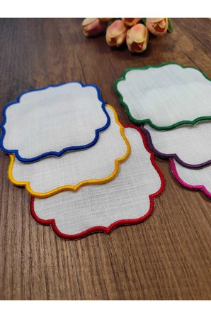 RENKLİ Nakış Beyaz Kumaş İşlemeye Uygun Linen Keten Etamin Kumaş Kahve Yanı Kokteyl Sunum Peçete 6lı