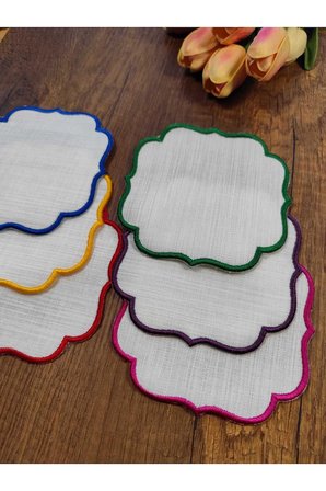 RENKLİ Nakış Beyaz Kumaş İşlemeye Uygun Linen Keten Etamin Kumaş Kahve Yanı Kokteyl Sunum Peçete 6lı