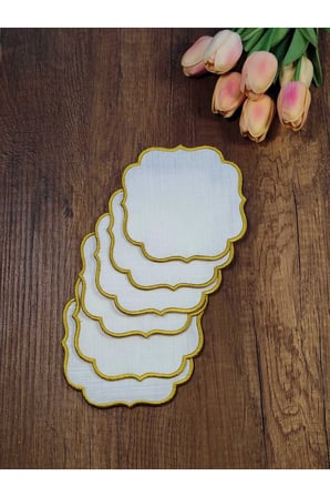 SARI Nakışlı Beyaz Kumaş İşlemeye Uygun Linen Keten Etamin Kumaş Kahve Yanı Kokteyl Sunum Peçete 6lı