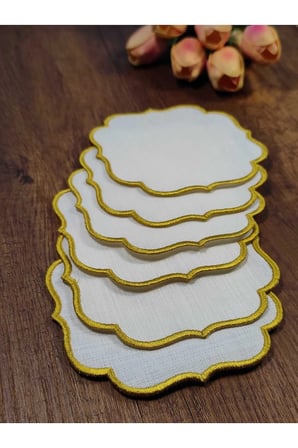 SARI Nakışlı Beyaz Kumaş İşlemeye Uygun Linen Keten Etamin Kumaş Kahve Yanı Kokteyl Sunum Peçete 6lı