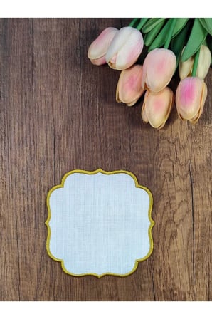 SARI Nakışlı Beyaz Kumaş İşlemeye Uygun Linen Keten Etamin Kumaş Kahve Yanı Kokteyl Sunum Peçete 6lı