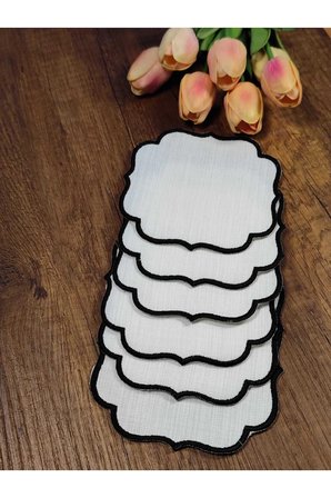 SİYAH Nakışlı Beyaz Kumaş İşlemeye Uygun Linen Keten Etamin Kumaş Kahve Yanı Kokteyl Sunum Peçete6lı