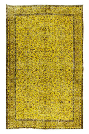 180x288 Cm El Dokuması Yeniden Boyanmış Eski Türk Halısı, Modern Sarı El Yapımı Yünlü Halı