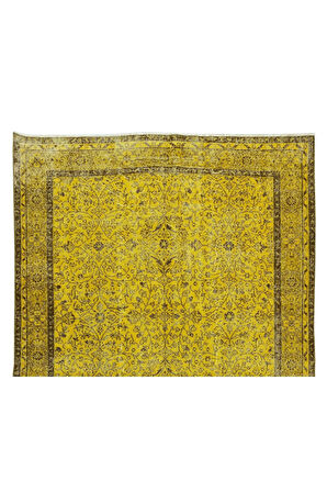 180x288 Cm El Dokuması Yeniden Boyanmış Eski Türk Halısı, Modern Sarı El Yapımı Yünlü Halı