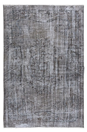 180x267 Cm El Dokuması Yeniden Boyanmış Eski Türk Halısı, Modern Gri El Yapımı Yünlü Halı