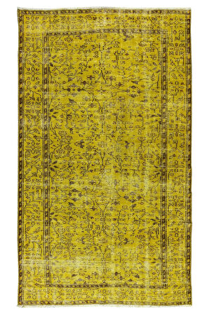 160x260 Cm El Dokuması Yeniden Boyanmış Eski Türk Halısı, Modern Sarı El Yapımı Yünlü Halı
