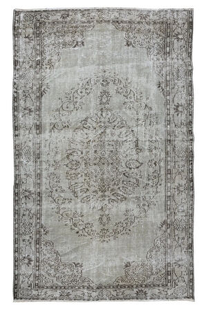 190x297 Cm El Dokuması Yeniden Boyanmış Eski Türk Halısı, Modern Gri El Yapımı Yünlü Halı
