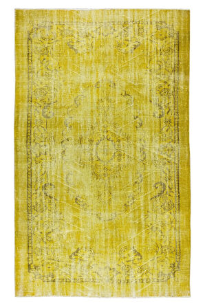 190x306 Cm El Dokuması Yeniden Boyanmış Eski Türk Halısı, Modern Sarı El Yapımı Yünlü Halı