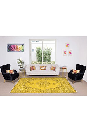 188x313 Cm El Dokuması Yeniden Boyanmış Eski Türk Halısı, Modern Sarı El Yapımı Yünlü Halı