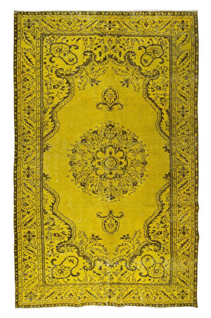 188x313 Cm El Dokuması Yeniden Boyanmış Eski Türk Halısı, Modern Sarı El Yapımı Yünlü Halı