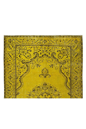 188x313 Cm El Dokuması Yeniden Boyanmış Eski Türk Halısı, Modern Sarı El Yapımı Yünlü Halı