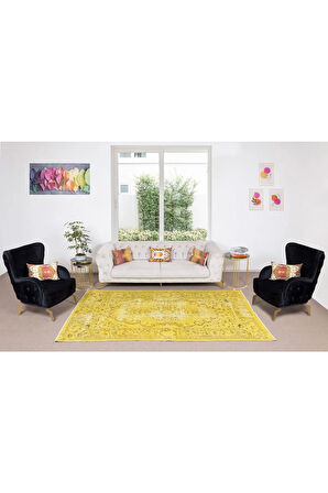176x283 Cm El Dokuması Yeniden Boyanmış Eski Türk Halısı, Modern Sarı El Yapımı Yünlü Halı