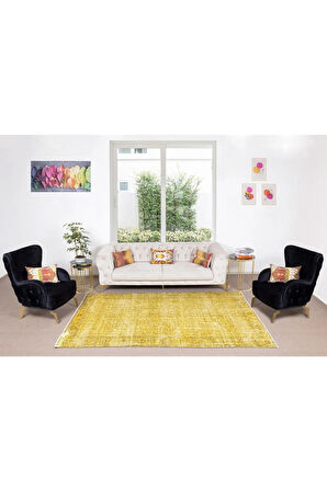182x278 Cm El Dokuması Yeniden Boyanmış Eski Türk Halısı, Modern Sarı El Yapımı Yünlü Halı